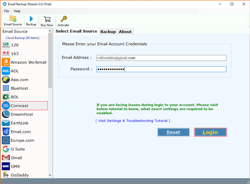 run export Comcast Mail emails tool